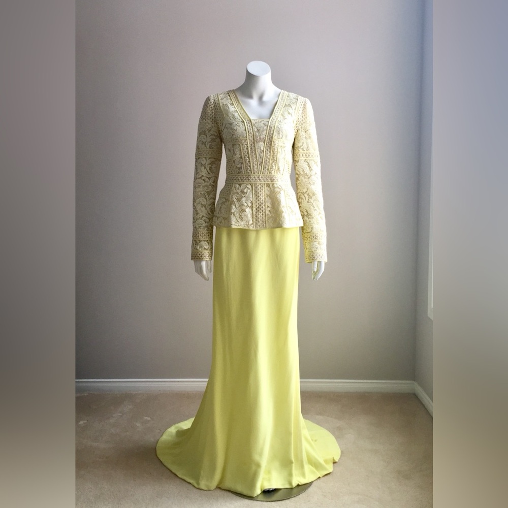 NWT $4190 J. Mendel 10 Gown Skirt Top Set Maxi Yellow 2 Piece Long Sleeve Dress